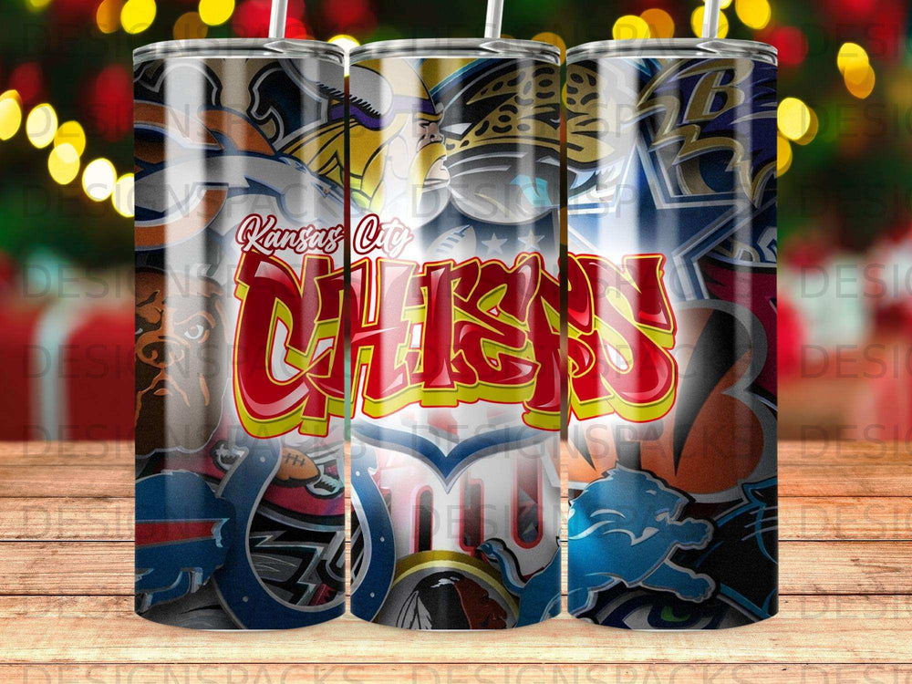 Kansas City Chiefs logo collage on a tumbler with bokeh background.