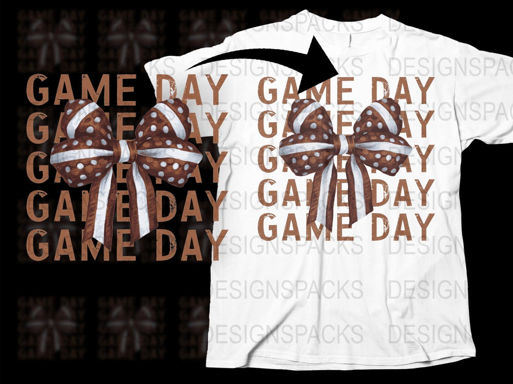 Game Day Graphic T-Shirt, Sports Event Casual Tee, Football Theme Shirt with Bow Design, White and Brown