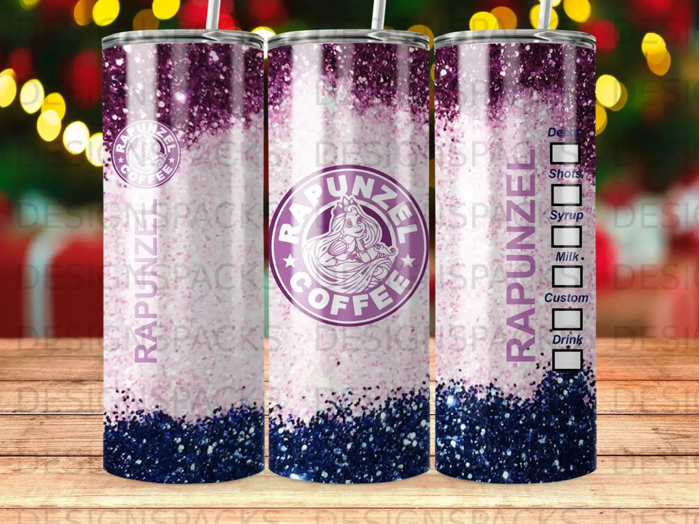 Tumbler with Rapunzel coffee logo and glitter ombre design.