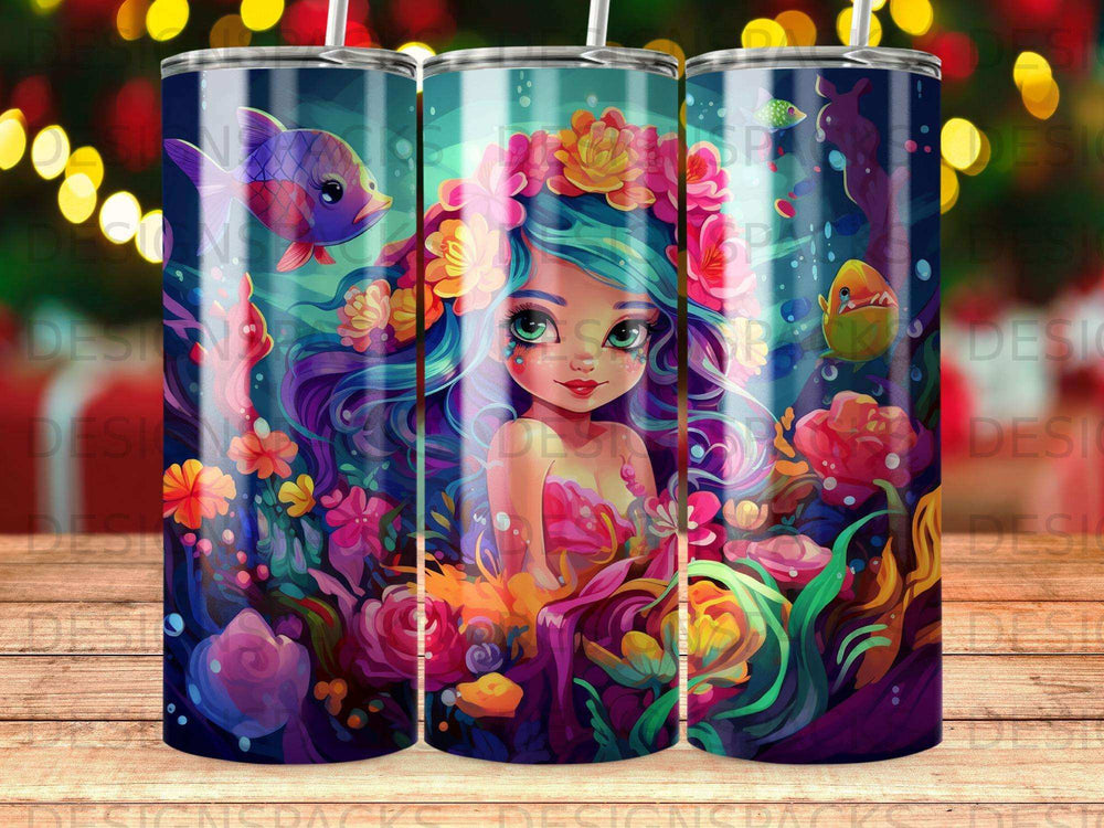 Mermaid with colorful hair and fish in floral underwater scene on tumbler.