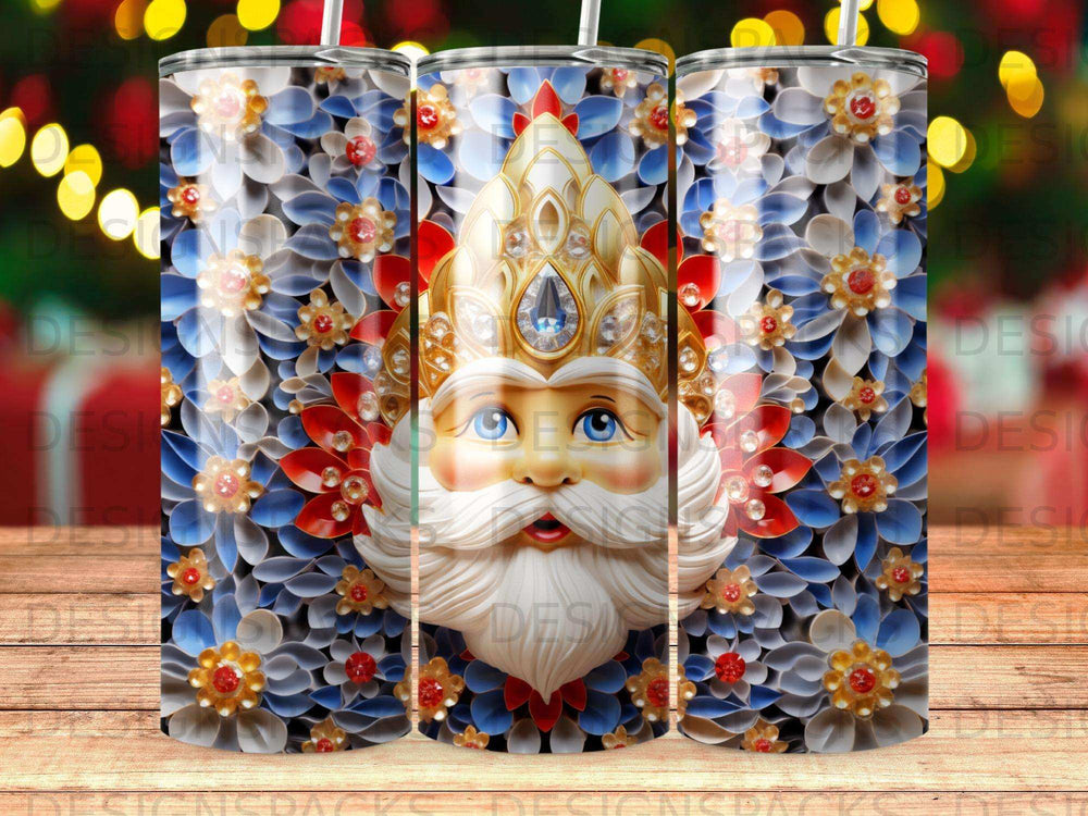 Santa Claus face with floral background on a tumbler.