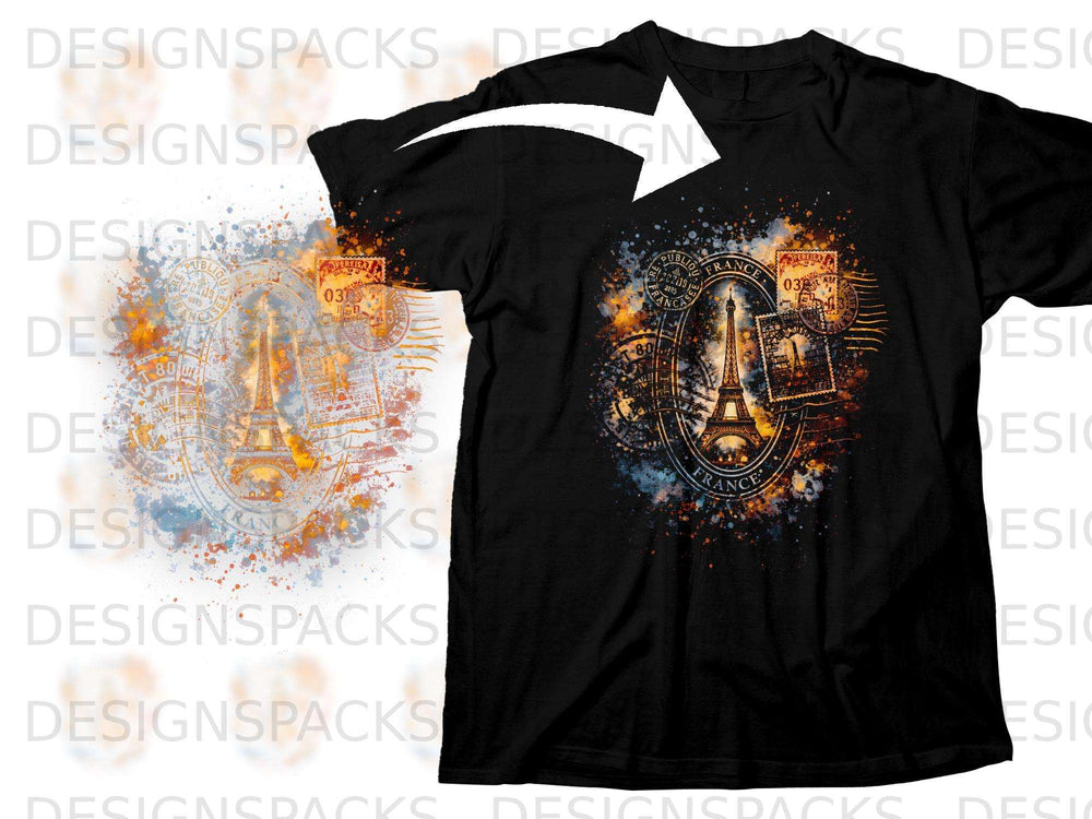 Black t-shirt with watercolor Eiffel Tower and postage stamp graphic.