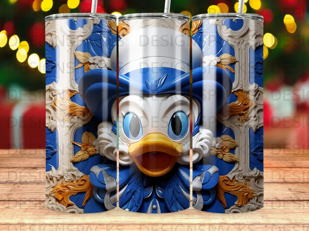 Cartoon duck character in blue hat and suit with ornate gold trim.