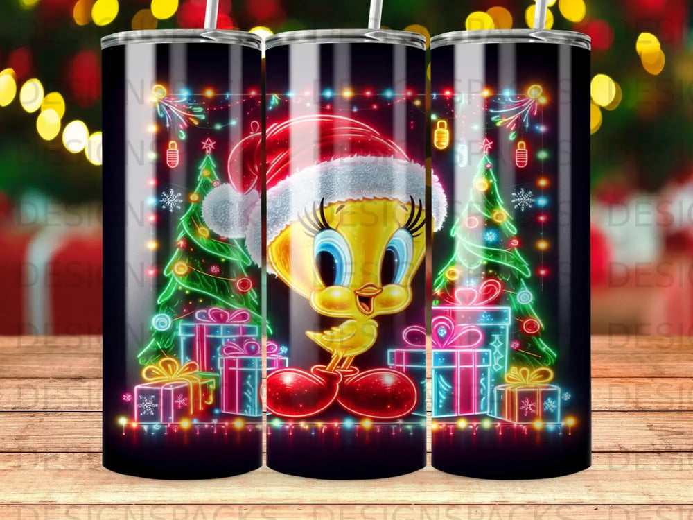Tweety Bird in Santa hat surrounded by gifts and Christmas trees.