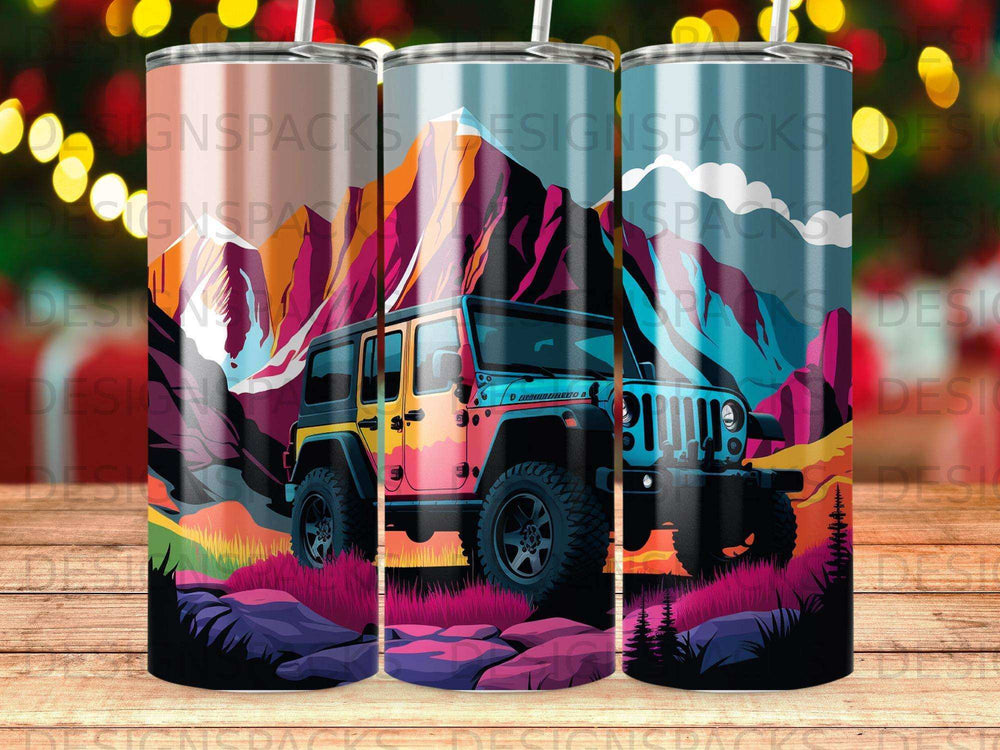 Colorful jeep in rocky landscape with geometric mountains.