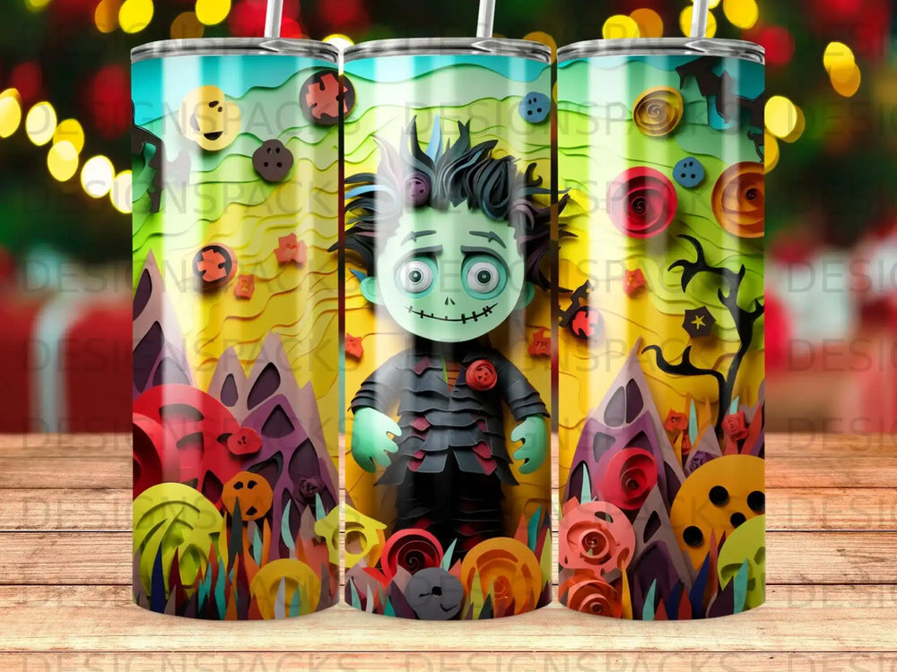 Zombie character on a colorful, layered background with buttons and mountains.