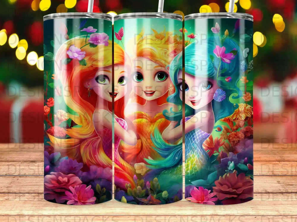 Three mermaids with colorful hair and tails, surrounded by flowers.