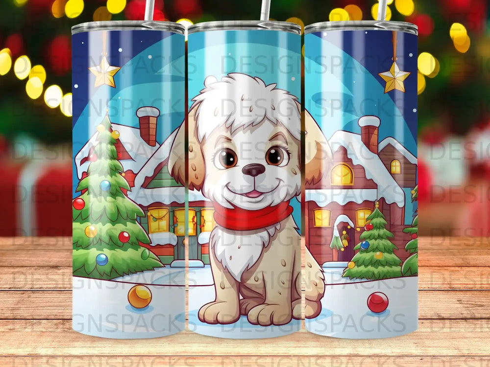 Dog in Santa hat and scarf in front of a snowy village scene.