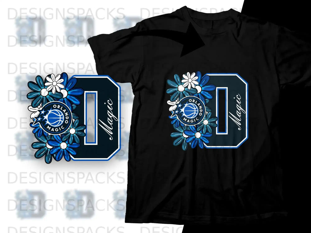 Orlando Magic logo with flowers on a black t-shirt.