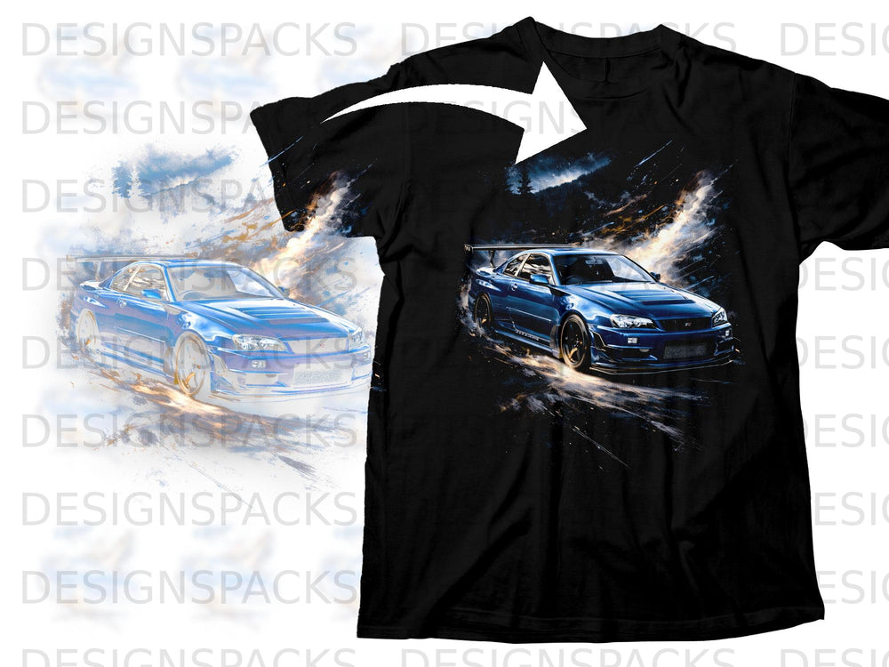 Black t-shirt with blue sports car graphic and abstract fiery background.