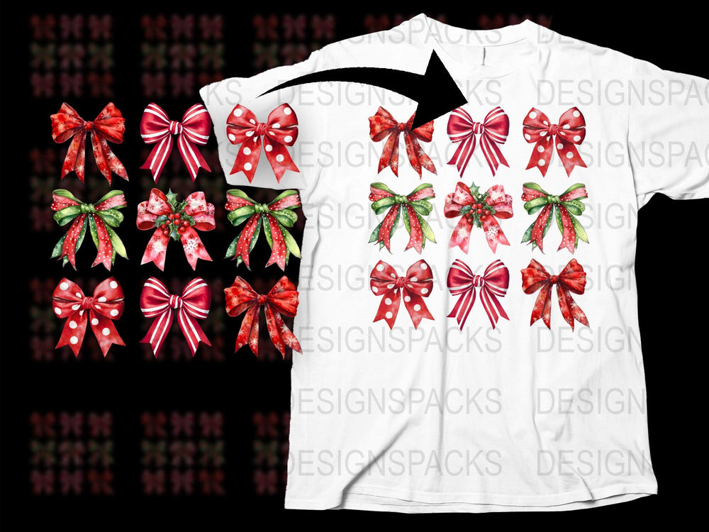 Festive Christmas Bow T-Shirt, Holiday Red and Green Bow Print, Casual Holiday Apparel for All Ages