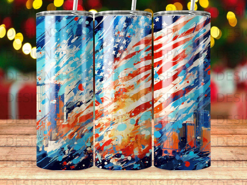 Three tumblers with American flag and cityscape watercolor design.