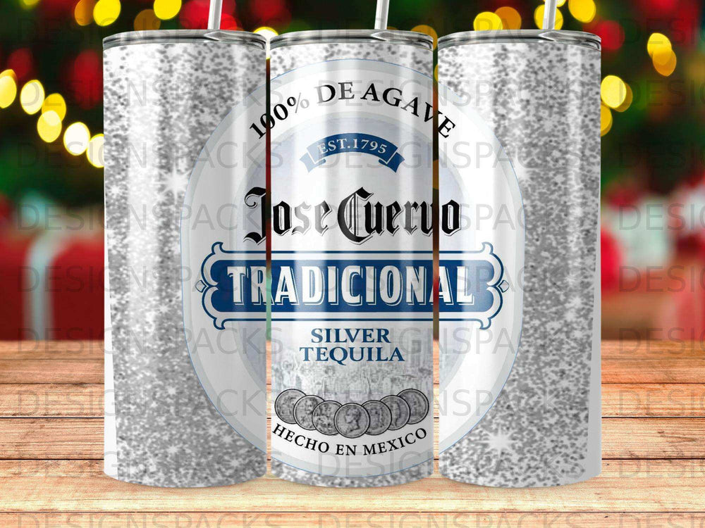 Jose Cuervo Tradicional Silver Tequila tumbler with glitter background.