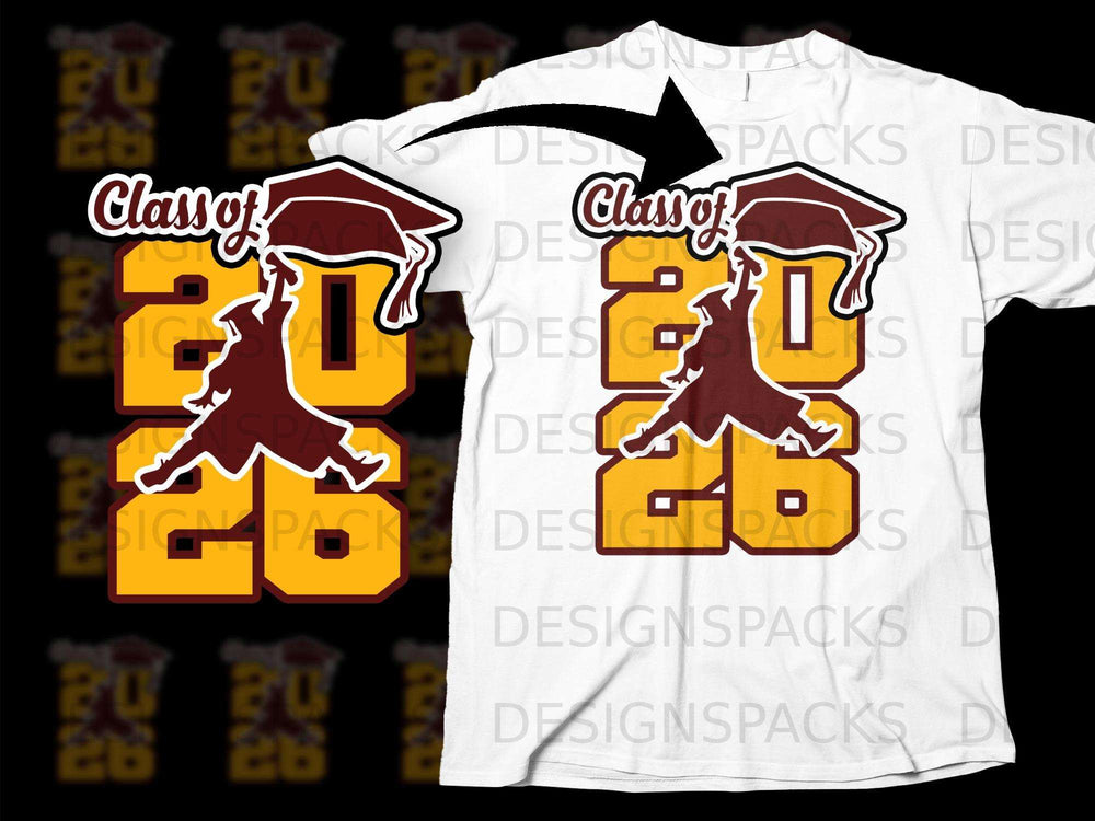 Graduation graphic with "Class of 2026" text and figures on a white t-shirt.