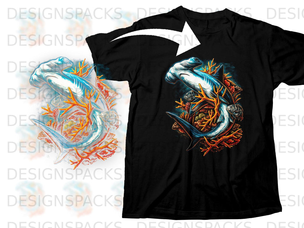 Black t-shirt featuring a hammerhead shark with coral and fish.