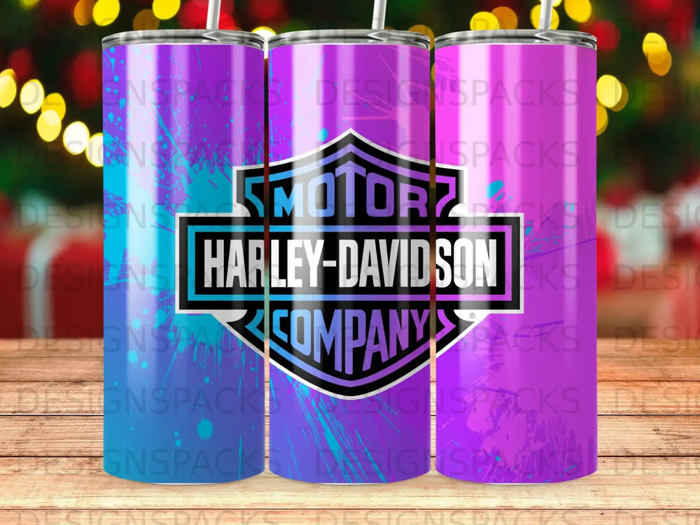 Tumbler with Harley-Davidson Company logo and colorful abstract background.