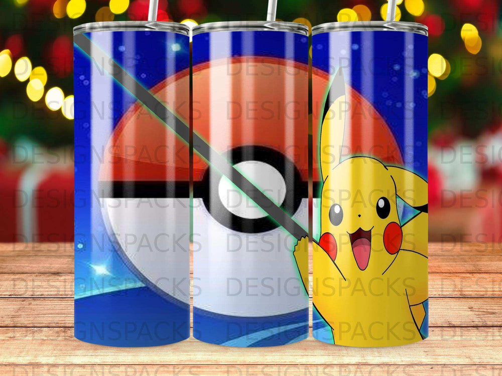 Pikachu and Poké Ball pattern on a blue tumbler.
