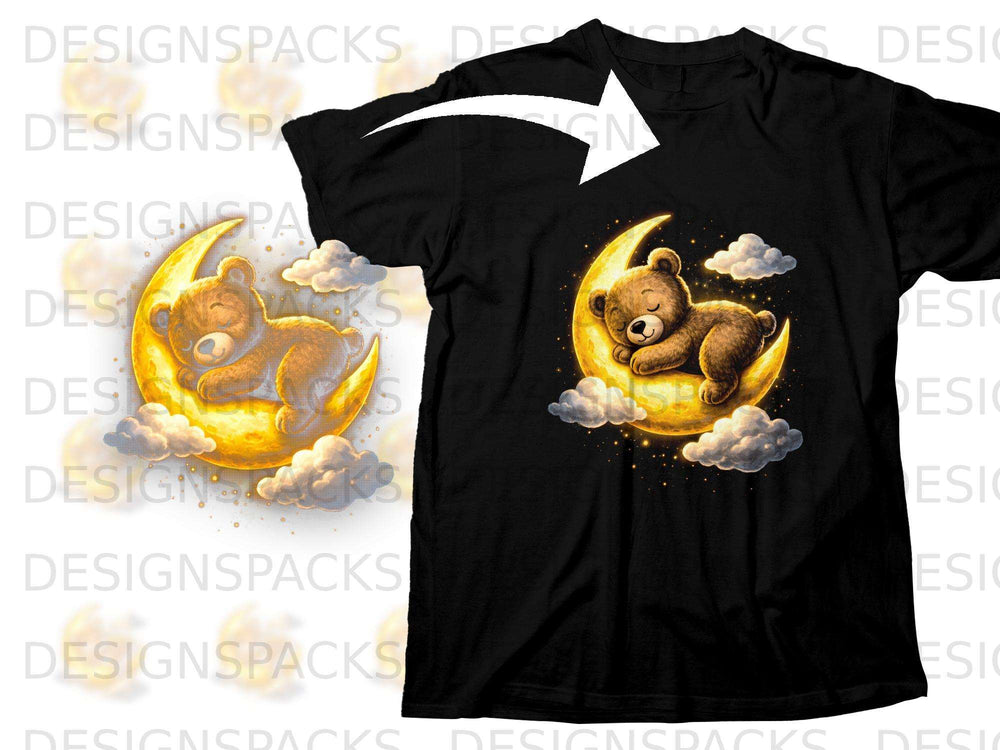 Black t-shirt with a sleeping teddy bear on a crescent moon.