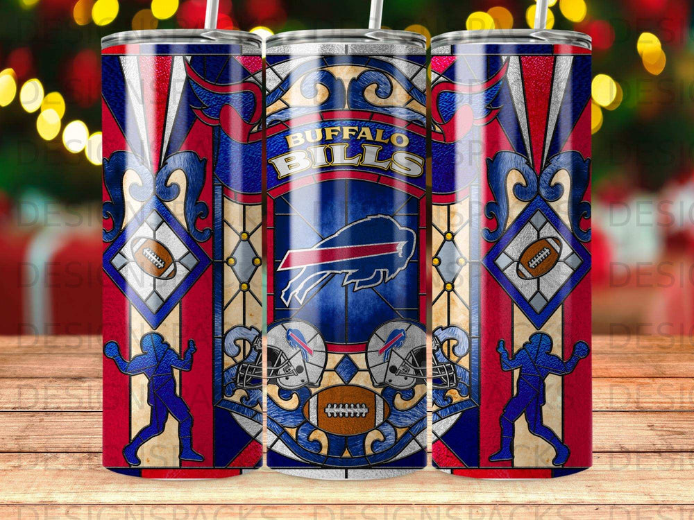 Buffalo Bills stained glass pattern tumbler with team logo and football motifs.