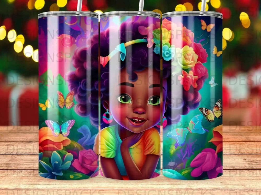 Young girl with colorful flowers and butterflies on a tumbler.