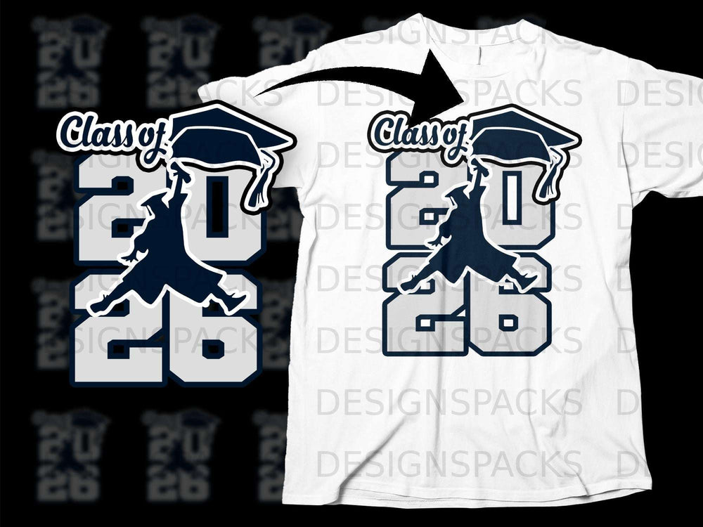Class of 2026 graduation design on a white t-shirt.