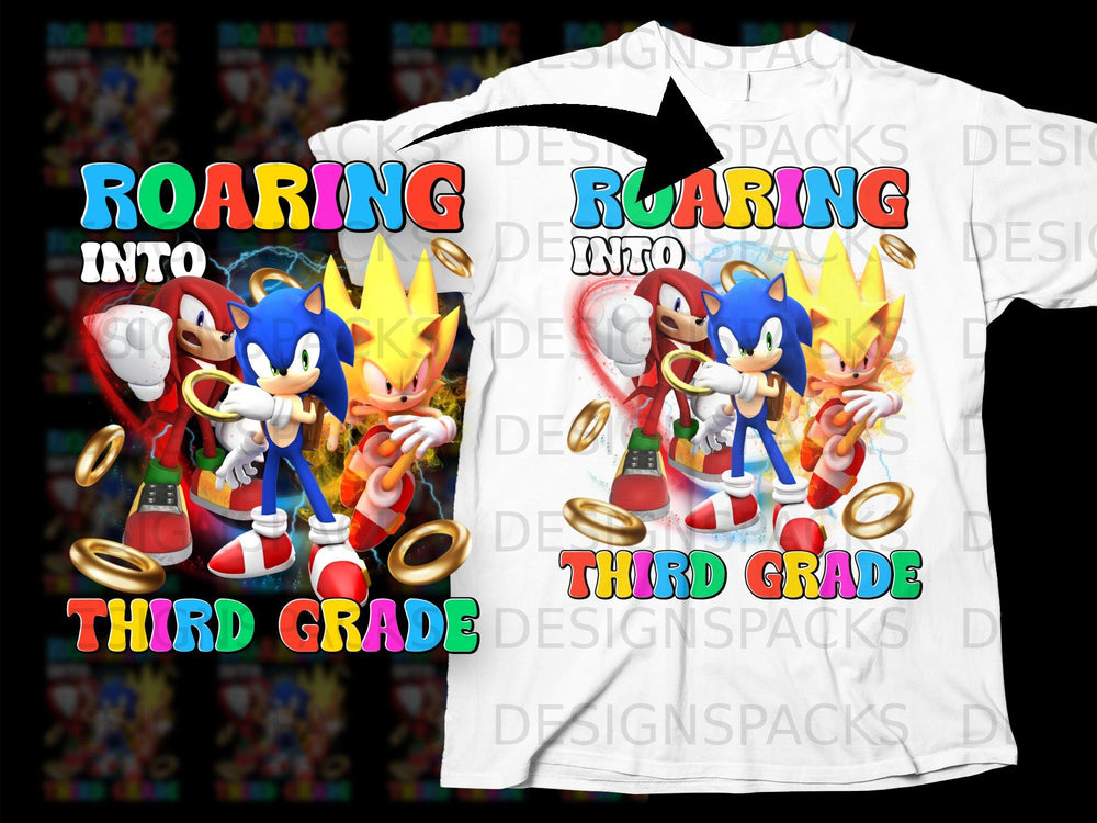 Sonic, Tails, and Knuckles "Roaring Into Third Grade" text on a t-shirt.