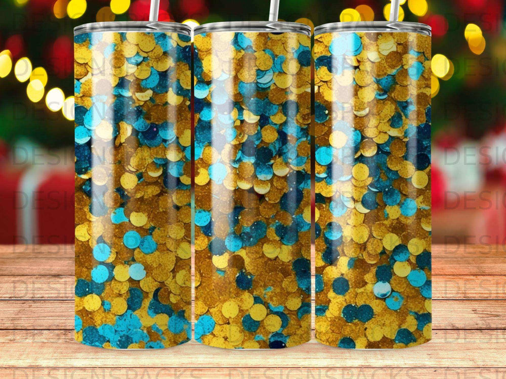 Gold and blue confetti pattern on three tumblers.