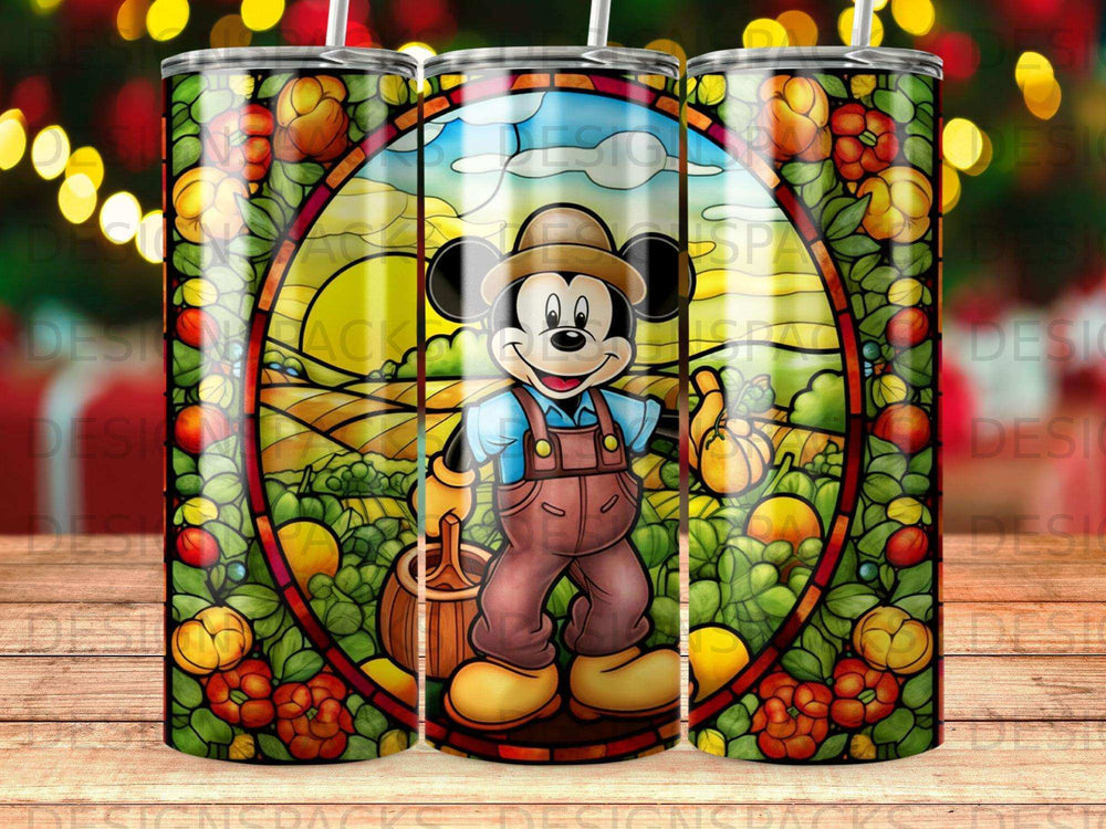 Mickey Mouse in overalls in a stained-glass window design with autumn harvest scene.