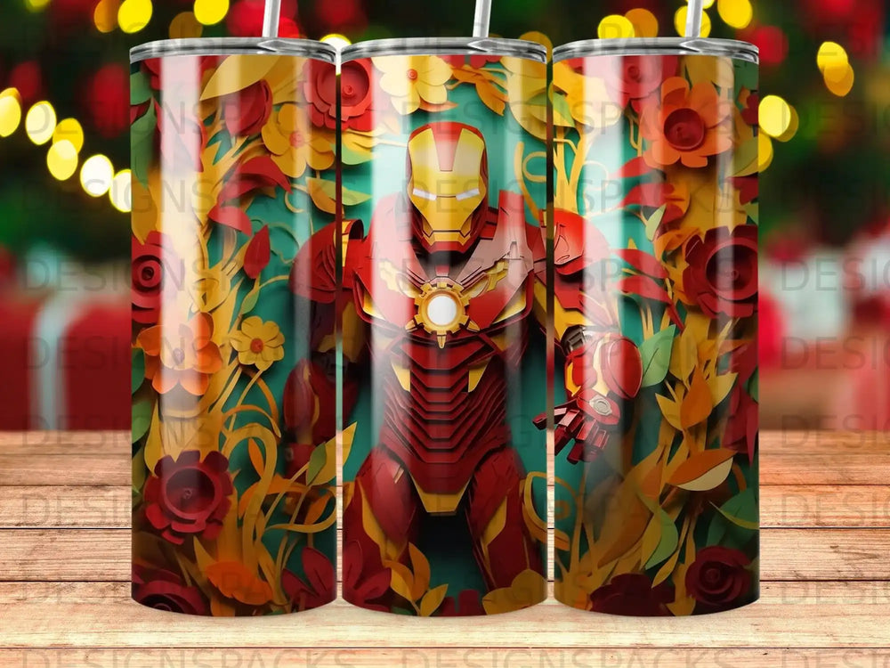 Iron Man illustration with floral background on a tumbler.