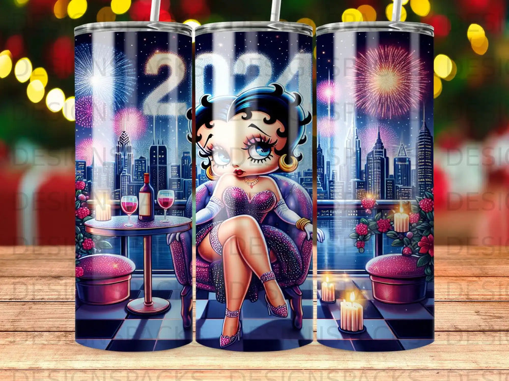 Betty Boop sits by a window watching fireworks for New Year's Eve 2024.