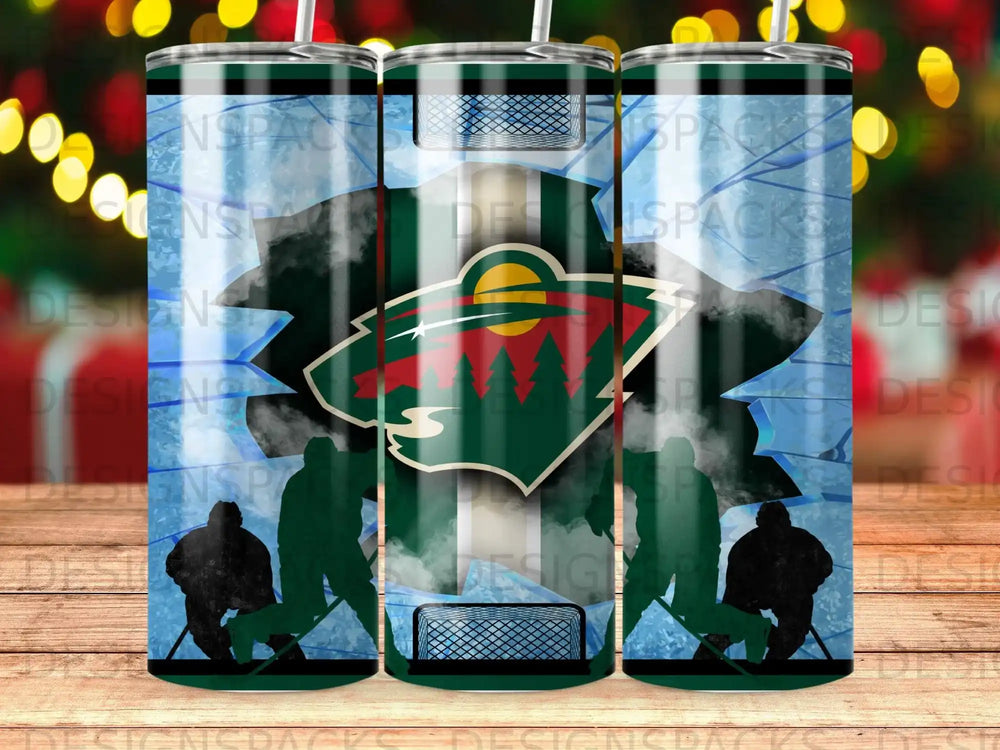 Minnesota Wild logo with hockey players and net against a blue ice background.