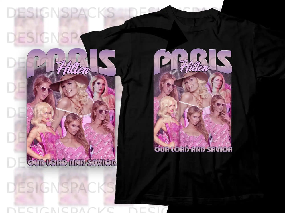 Paris Hilton collage with text "OUR LORD AND SAVIOR" on pink t-shirts.