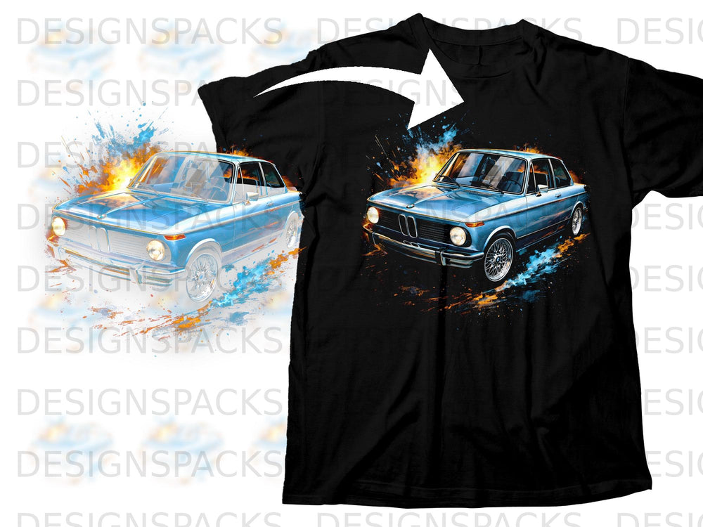 Black t-shirt displaying a blue vintage car graphic with blue and orange watercolor splashes.