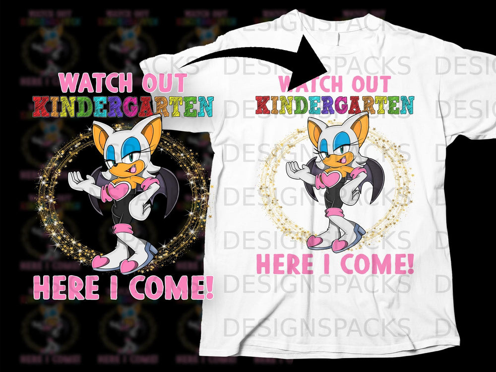 White t-shirt with Rouge the Bat character and text "Watch Out Kindergarten Here I Come!".