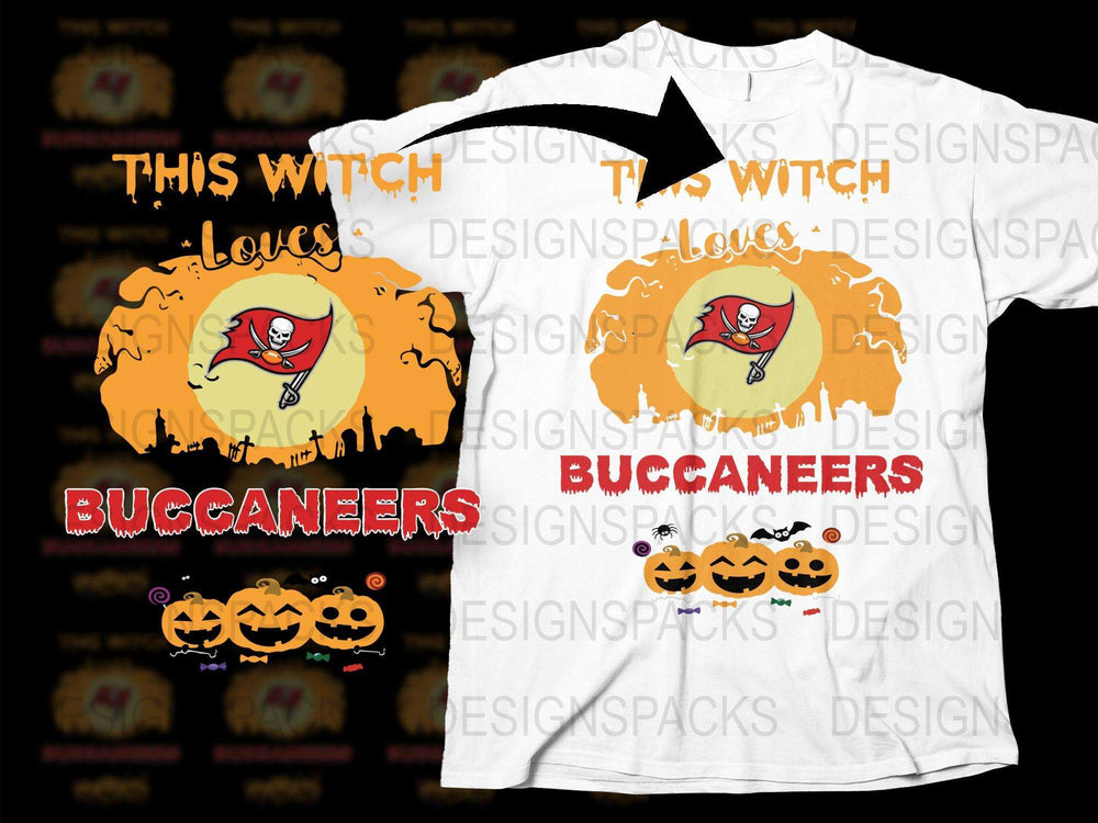 Halloween Buccaneers Fan T-Shirt, Witch and Pumpkin Graphic, Football Season Tee, Unisex Adult Clothing
