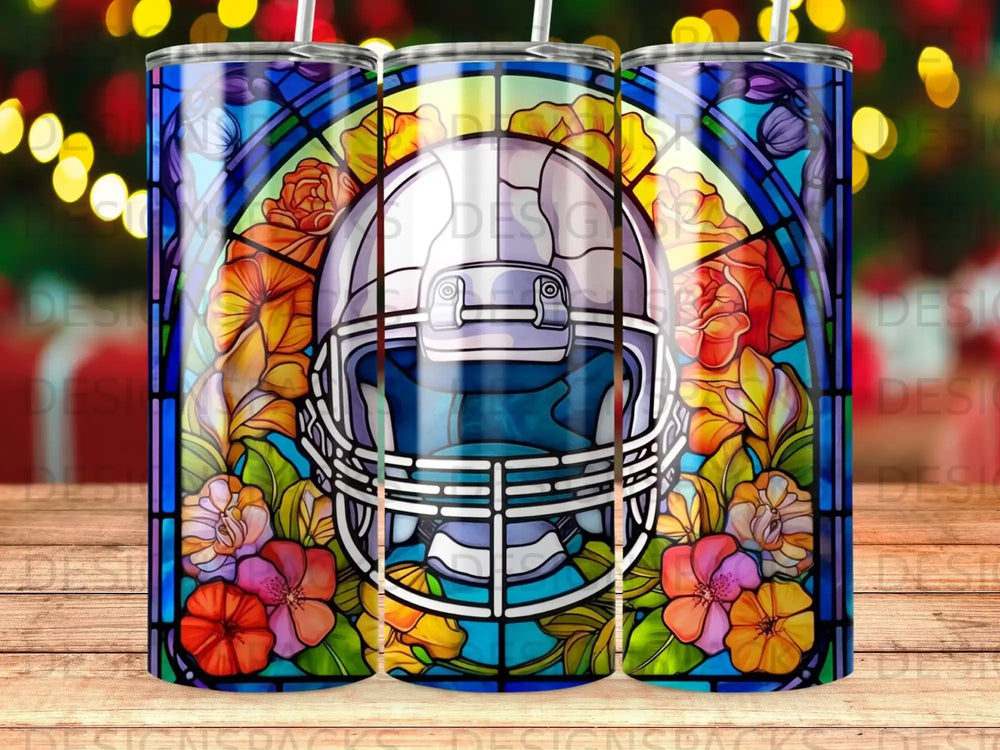 Stained glass football helmet with floral accents and bokeh background.