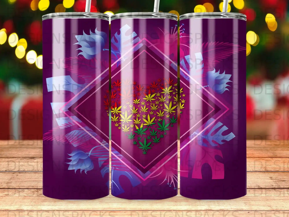 Heart made of cannabis leaves on a purple tumbler with tropical leaves.