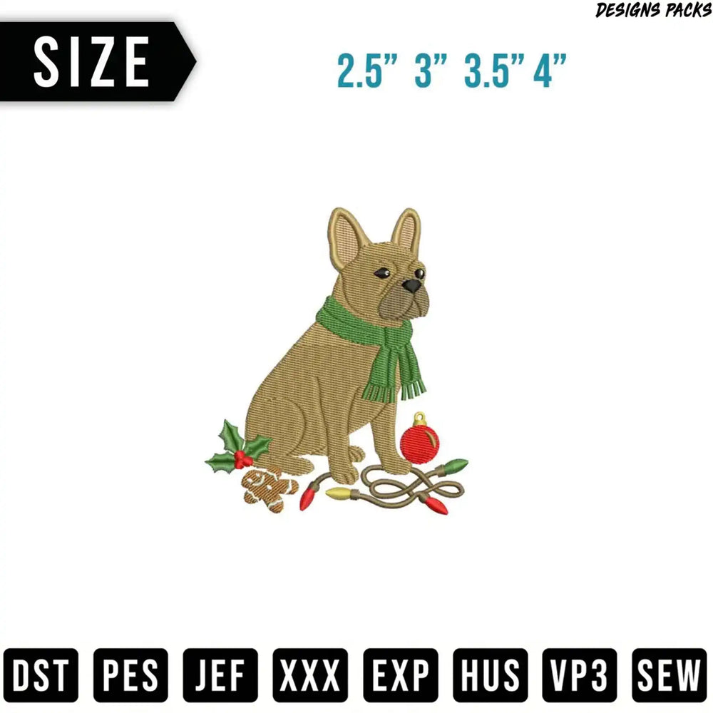 French bulldog with Christmas scarf and ornaments, available in four sizes.