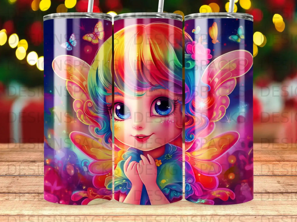 Fairy with colorful hair and butterfly wings on a patterned tumbler.