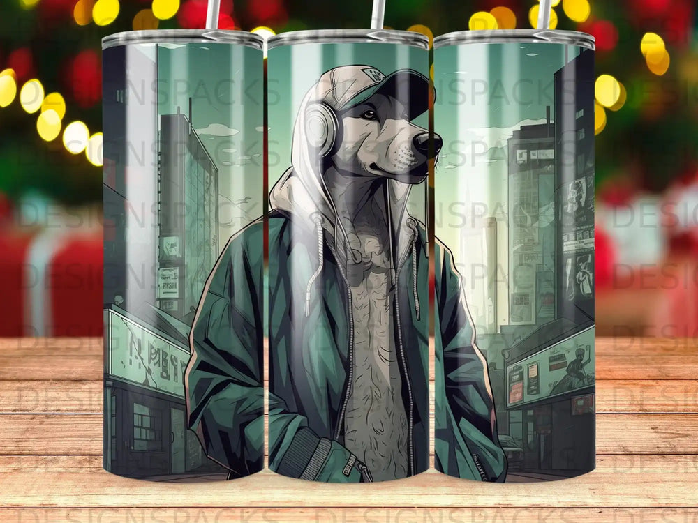 Dog wearing headphones and hoodie in city street scene.
