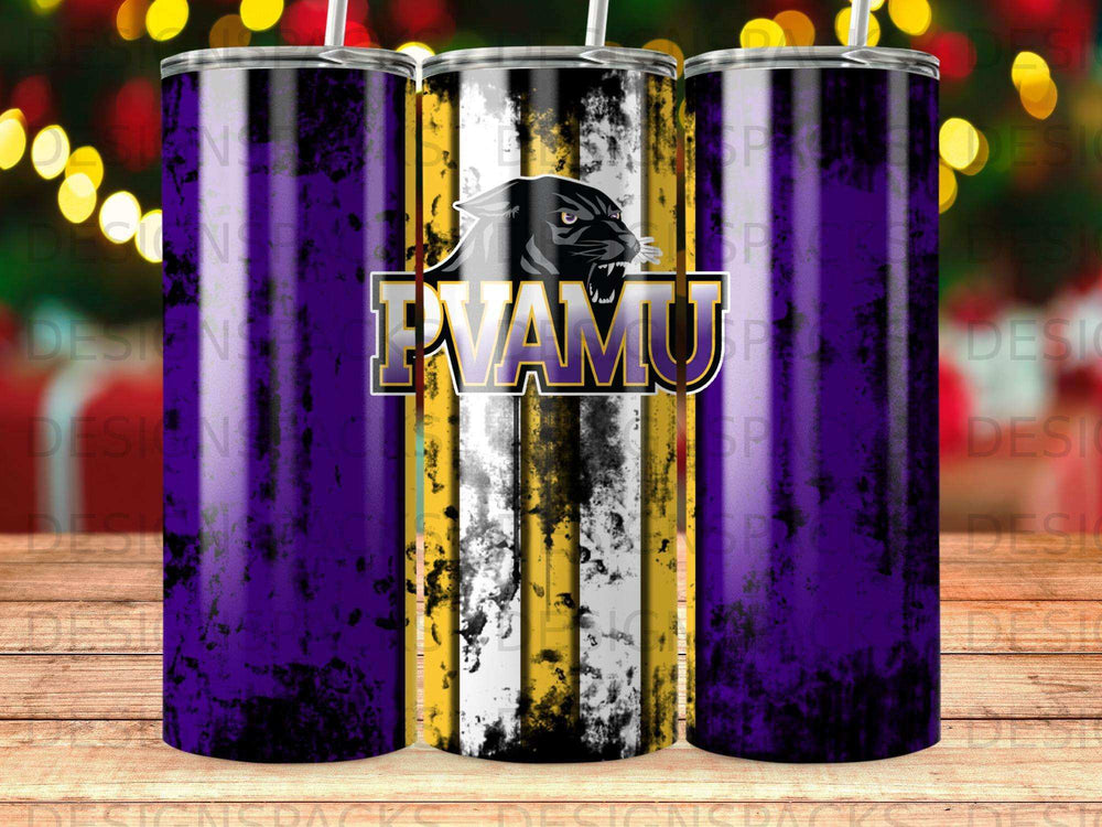 Purple and black tumbler with PVAMU logo and gold and white stripes.
