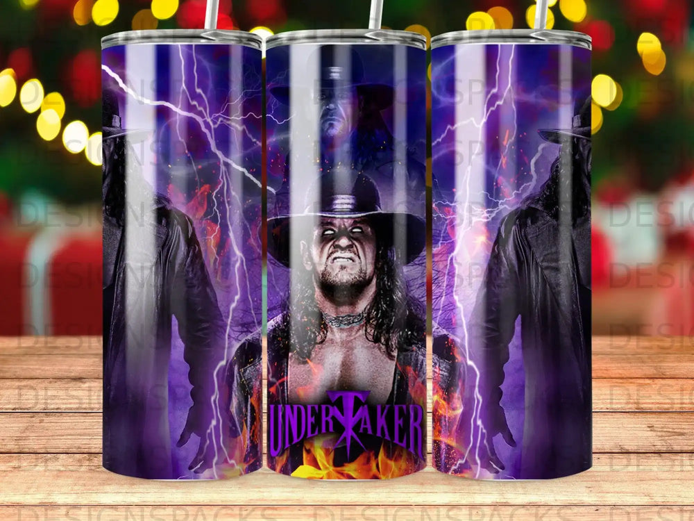 Wrestler The Undertaker with lightning and flames on a purple background.