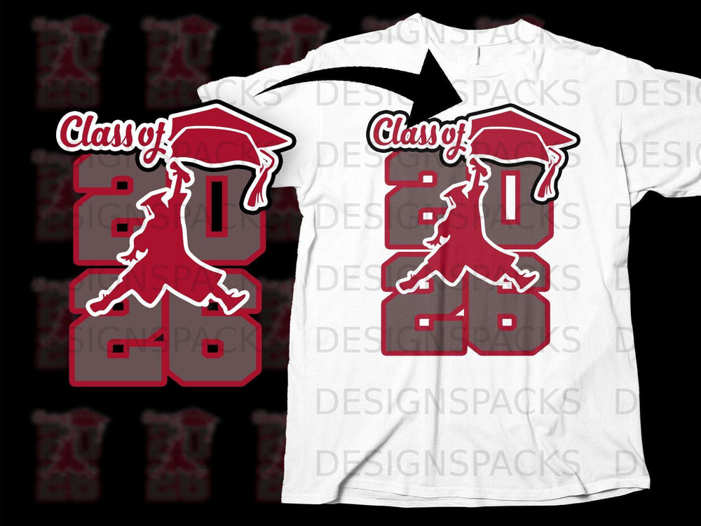 "Class of 2026" graduation design with a silhouette and cap on a white t-shirt.