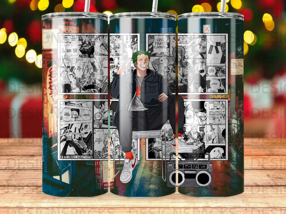 Zoro from One Piece on a chair with manga panels and boombox.