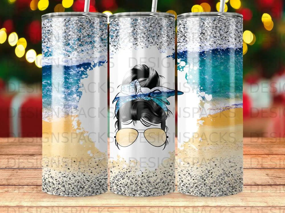 Beach scene tumbler with glitter, sunglasses, and messy bun.