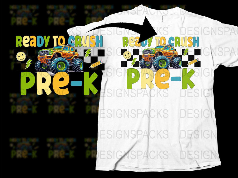 Ready to Crush Pre-K Monster Truck T-Shirt, Boys' Back to School Tee, Colorful Kids' Graphic Shirt, Fun Preschool Outfit