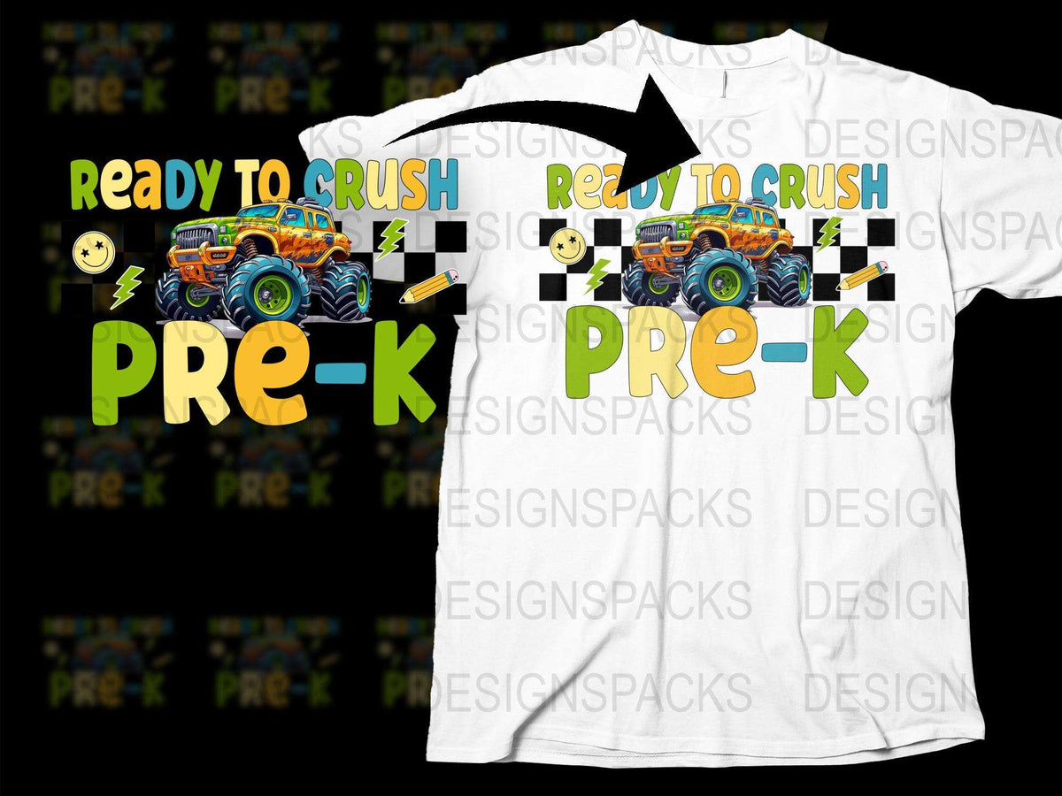 Ready to Crush Pre-K Monster Truck T-Shirt, Boys' Back to School Tee, Colorful Kids' Graphic Shirt, Fun Preschool Outfit