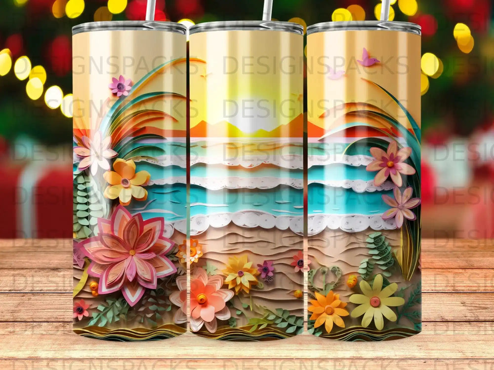 Beach scene with palm trees, flowers, and ocean waves on three tumblers.
