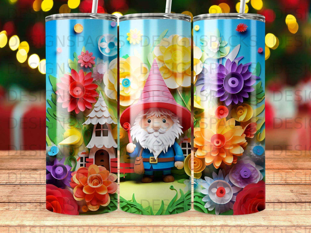 Gnome with a red hat and blue outfit in a garden with paper flowers.