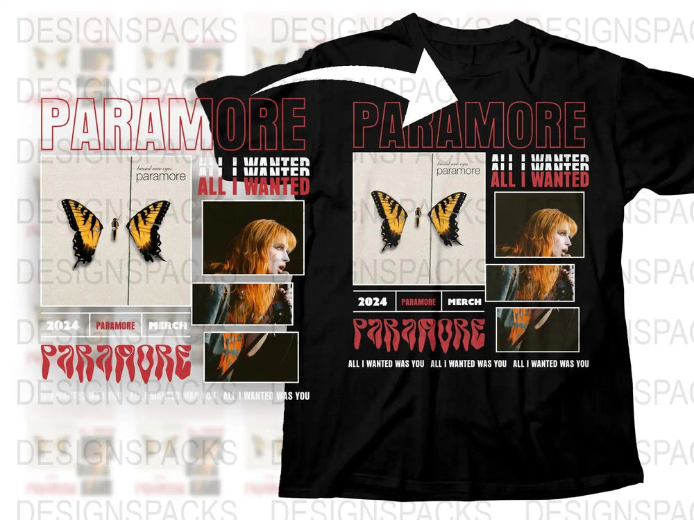 Paramore Band T-Shirt 2024 Tour Merch, 'All I Wanted' Lyric Tee, Butterfly Graphic, Music Fan Apparel